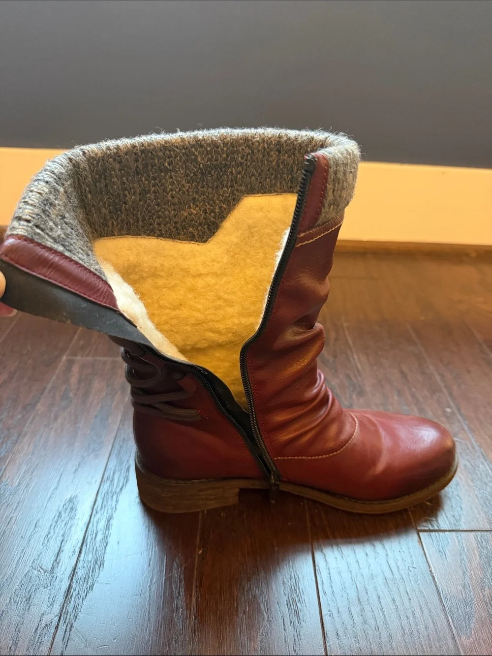Remonte Red Leather Mid-Calf Boot with Gray Knit Cuff
